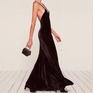 Reformation Rimini Black Velvet Strap Slip Dress, Long Gown for Special Occasion